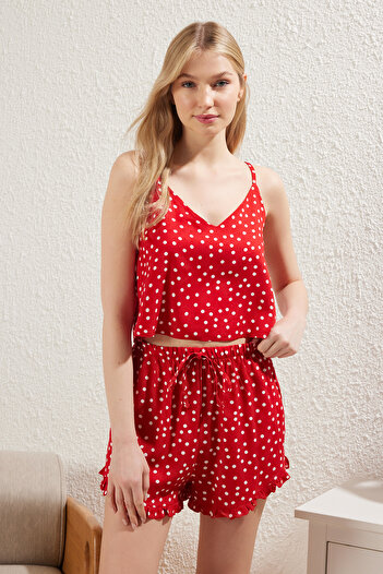 Trendyol Collection Red Polka Dot Ruffle Detailed Rope Strap Viscose Shorts Woven Pajamas Set Thmss21Pt0742