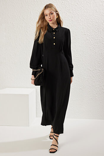 Trendyol Modest Μαύρο πουκάμισο γιακάς υφαντό φόρεμα στη μέση TCTSS25EB00057