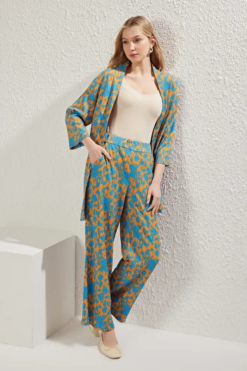 Trendyol Collection Orange Printed Relaxed Fit Stretchy Kimono Knitted Bottom-Top Suit Twoss24Au00103