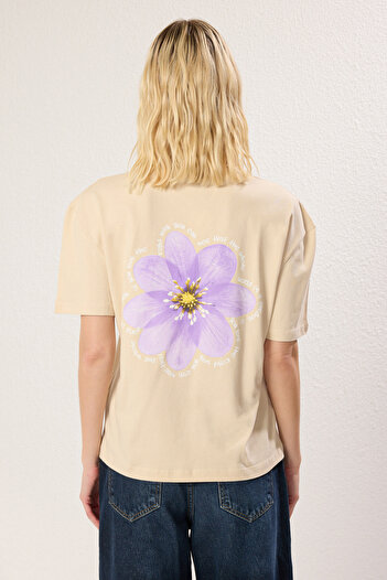 Trendyol Collection Limited Edition Stone 100% Thick Cotton Back Printed Relaxed Comfortable Cut Knitted T-Shirt Twoss23Ts00374