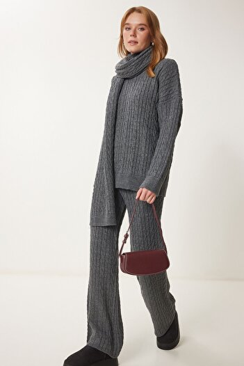 Lovelyİstanbul Anthracite Lus0069 - Wefted Knitwear Pants and Sweater Set