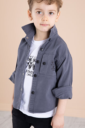 Cansın Mini Men's Linen Kids Shirt - Crew Neck, t Shirt, Anthracite 20076