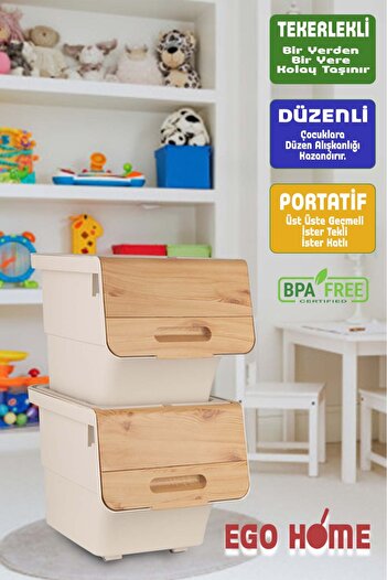 ego home 2li Tekerlekli Oyuncak Düzenleme Dolabı Kapaklı Oyuncak Sepeti Çok Amaçlı Kutu Mote 24 Lt