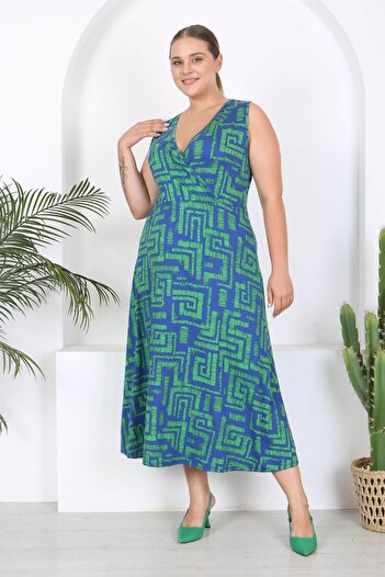 Mooi XXL Αμάνικο Maxi Φόρεμα Labyrinth Print Plus - Blue Green, Διπλό γιακά