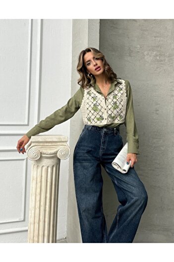 TOPSHOW Linen Blended Shirt with Guipure Detail