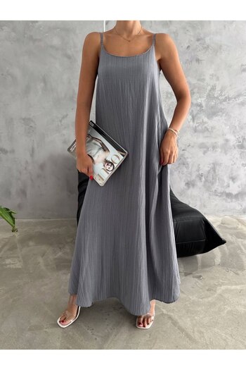 By Kuzey Aras Grey Adjustable Rope Strap Loose Maxi Dress