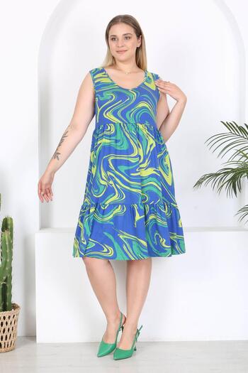 Mooi XXL Plus Size Layered Blue Green Marbling Patterned Women's Dress