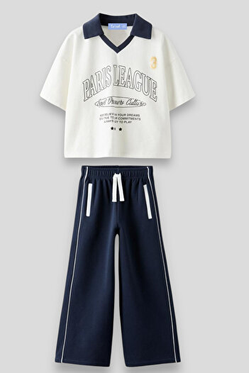 Magu Girls' Polo Neck T-Shirt and Wide Tracksuit Set - Slogan