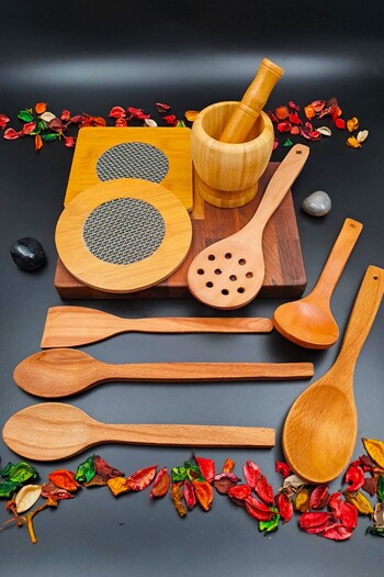 SWENCRAFT Wooden Kitchen Serving Spoon Spatula Ladle Havan Trivet Colander Set of 10 Dowry Special for Mothers