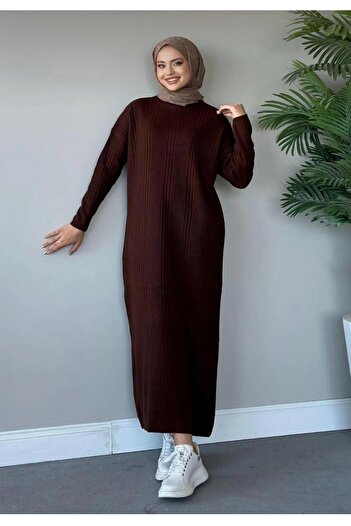 Gülce moda Φόρεμα με ραβδώσεις καφέ πλεκτό