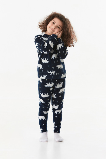 Fulla Moda Set de pijamale pentru fete din fleece cu decolteu cu model de urs polar