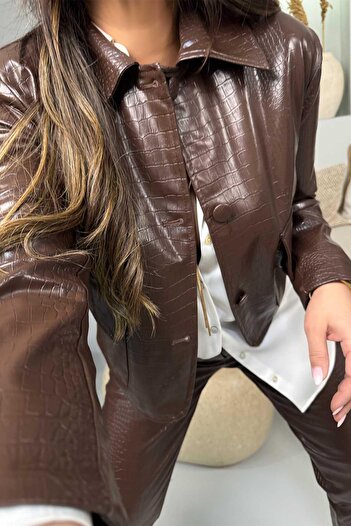 Sohotique By P Coffee Color Crocodile Leather Jacket and Trousers Set