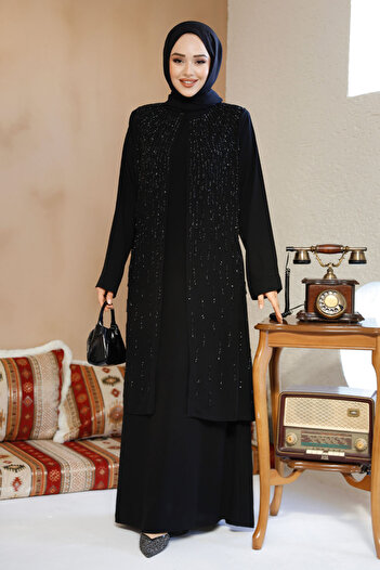 Neva Style Boncuk İşlemeli Siyah Tesettür Abaya 29119S