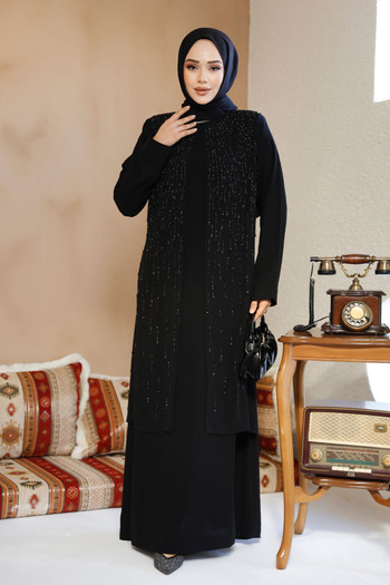Neva Style Boncuk İşlemeli Siyah Tesettür Abaya 29119S