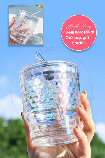 Anadolu Saray Isıya Dayanıklı Pipetli Borosilikat Gökkuşağı Stil Bardak | Gökkuşağı Kahve Sunum Bardağı - 1 Adet