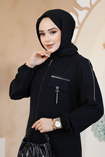 Neva Style Fermuarlı Siyah Tesettür Abaya 61361s