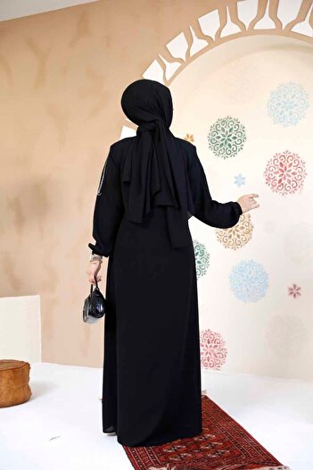 Neva Style Zippered Black Hijab Abaya 61363S