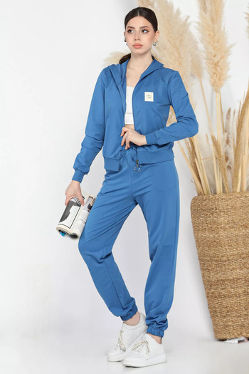 GÜLSELİ Blue Women's Hooded Zippered Sweat Pants Tracksuit Set