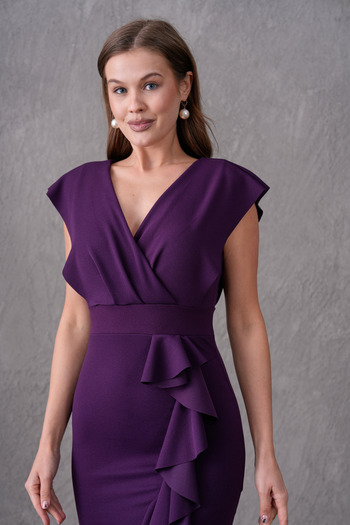 bayansepeti Women's Plum Crepe Fabric Double Breasted Neckline Flounce Detail Dress 583160