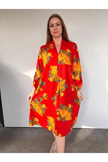 AGORATEKSTİL Women's Oversize Rose Pattern V-Neck Viscose Fabric Dress