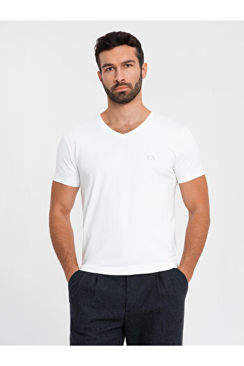 OMBRE Pánské tričko SLIM FIT s výstřihem do V s elastanem a potiskem - bílé V2 OM-TSBC-0221 L