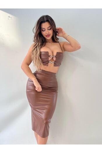 pink life Taba Color Pu Leather Chain Detailed Skirt Two Pieces (Two Pieces)