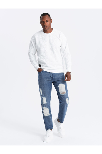 OMBRE Men's TAPERED FIT denim pants with holes - dark blue V3 OM-PADP-0175 S