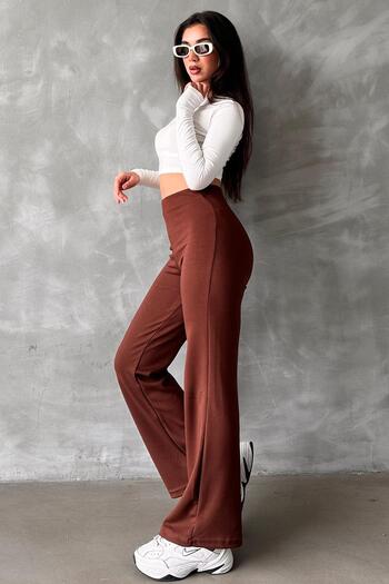 Madmext Brown High Waist Straight Model Women's Flared Leggings Pants Mg2288