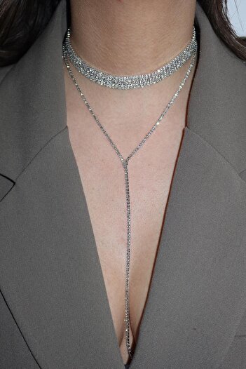 TAKIŞTIR Gümüş Renk Beş Sıra Taş Detaylı Choker Kolye/ Vücut Aksesuarı