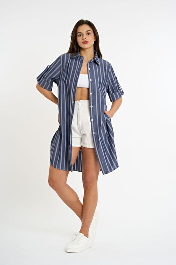 HANIQA Striped Short Sleeve Long Shirt |   Navy Blue
