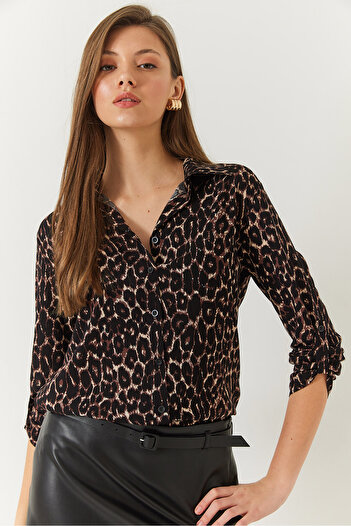 Bianco Lucci Women's Patterned Sleeve Folded Viscose Shirt 60261348