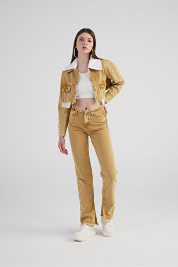 HOLLY LOLLY Marble Patterned Gray Detailed Straight Cut Leg Slit Rusted Jean Trousers Camel