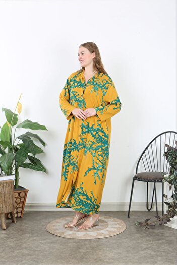 Şans Women's Plus Size Saffron Front Length Button up Shirt Collar Long Dress 65N37875