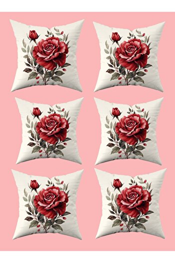 Şah Dekor Nature Themed Floral Patterned Red Colorful 6-Piece Digital Printed Throw Pillow Cover