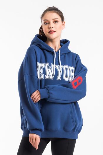CC STORE Hanorac oversize pentru femei cu imprimeu albastru indigo