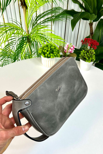 CüzCan Rewoler Antique Gray Double Zipper Genuine Leather Clutch Bag