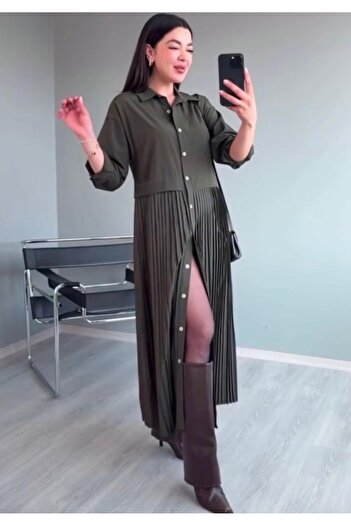 Hotfashion Kadın Haki Pilise Elbise