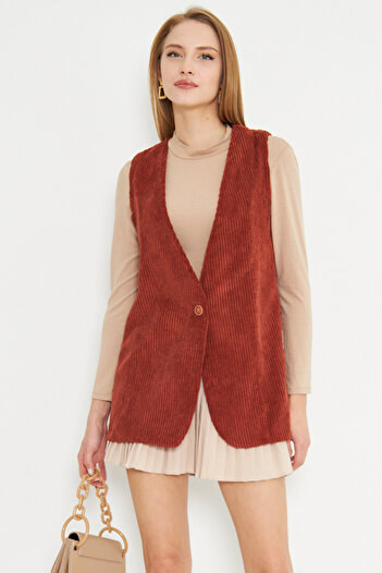 armonika Women's Tile V-Neck Single Button Oversize Thick Corduroy Vest Arm-25K 001016