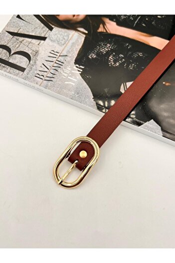 MODAM HİFA Burgundy Long Oval Buckle Gold Women's Belt Trouser Belt Dress Belt Shirt Belt Coat Belt