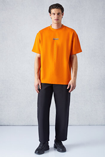 GRIMELANGE Project Men's Orange Oversize T-Shirt - Crew Neck, 100% Organic Cotton, Print Detail