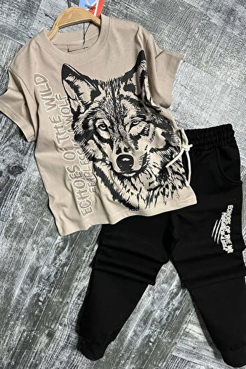 Riccotarz Boy's Black Pencil Wolf and Text Printed Brown T-Shirt Tracksuit Set