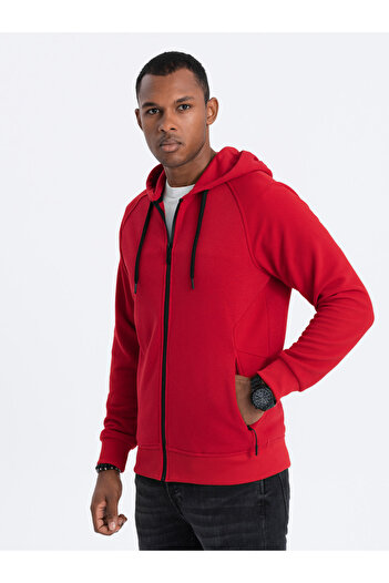 OMBRE Men's unbuttoned hooded sweatshirt - red V6 OM-SSZP-0124 S