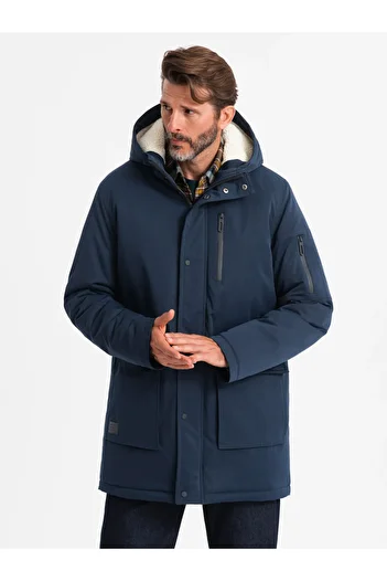 OMBRE Lange Parka-Sherpa-Jacke für Herren – Marineblau V2 OM-JALJ-0181 XXL