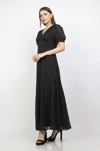 mica Short Puff Sleeve Striped Pattern Long Dress