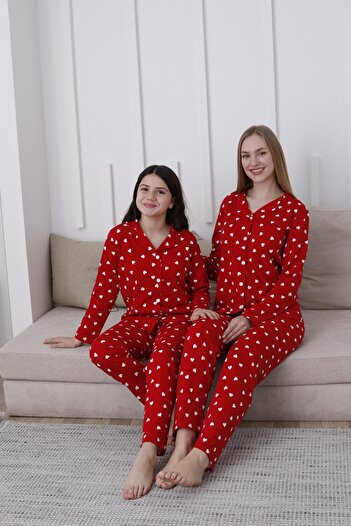 KAPİTEX Sweetheart Mother Daughter Size Buttoned Red Color Heart Pajamas Set