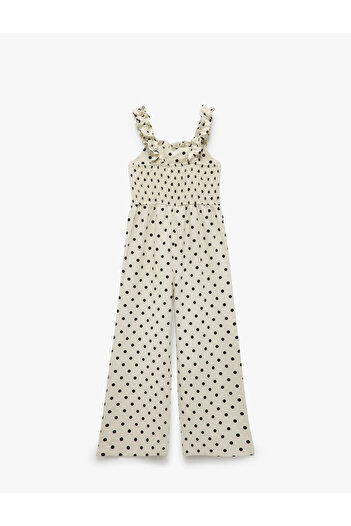 Koton Polka Dot Square Neck Linen Blended Strap Long Jumpsuit