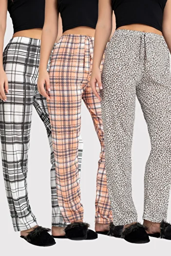 DONEX 3-Pack Cotton Thin Breathable Fabric Ribbon Waist Detail Printed Women's Sleepwear Bottom Pack Without Pockets