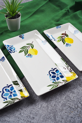 Piatti Naturali 3-Piece Lemon Pattern Handmade Ceramic Breakfast Salad Presentation Snack Bowl Set Boat Plate Set