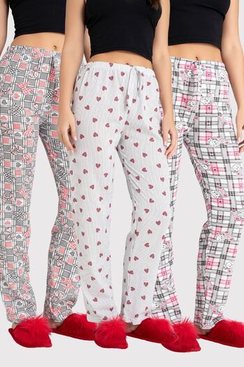 DONEX 3 Pack Two Yarn Fabric Ribbon Waist Detail Printed Women's Sleepwear Bottom Pack Without Pockets