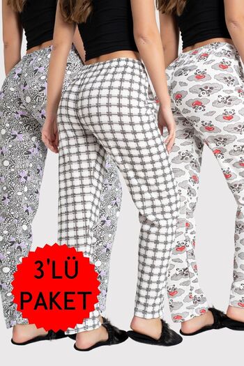 DONEX 3 Pack Two Yarn Fabric Ribbon Waist Detail Printed Women's Sleepwear Bottom Pack Without Pockets